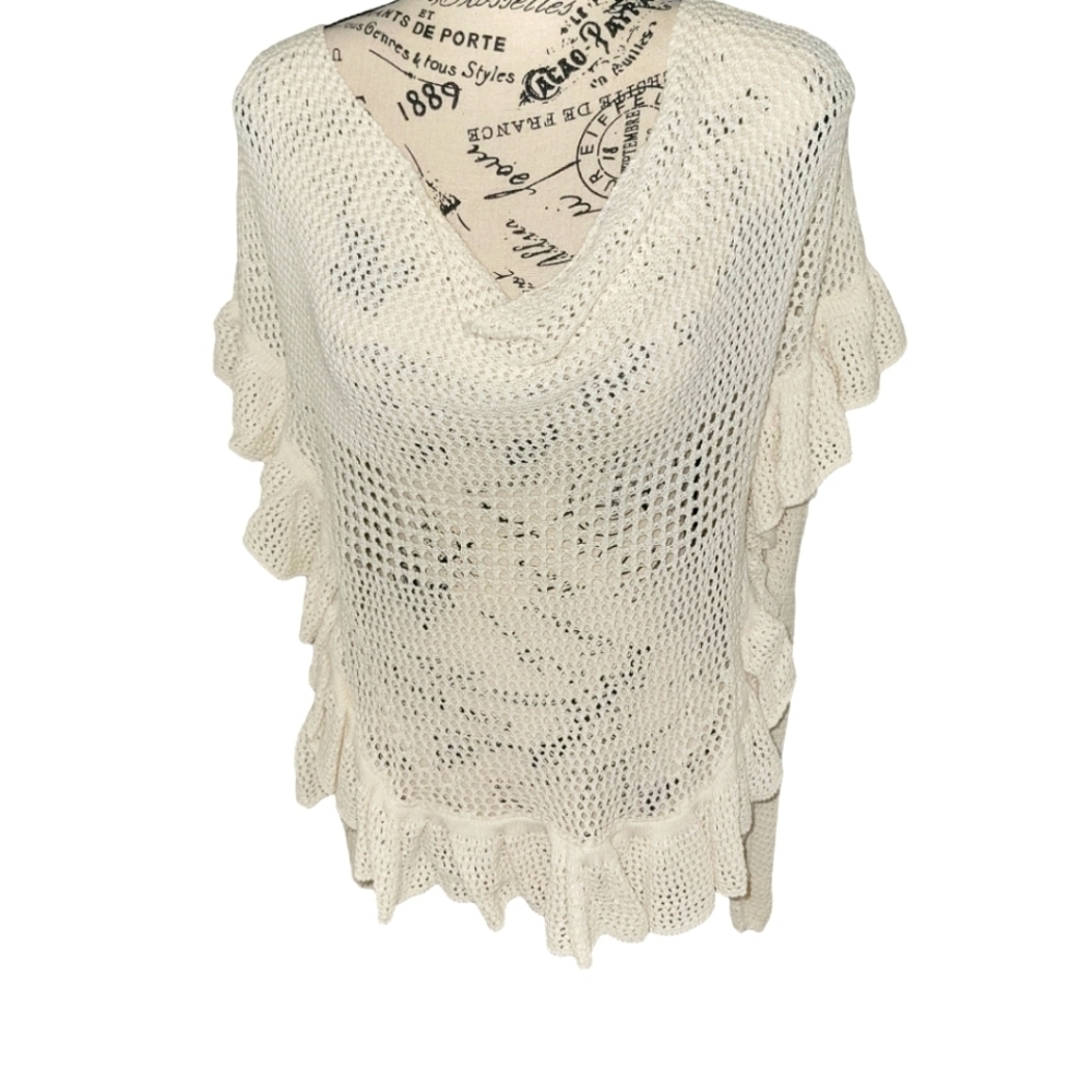 Anthropologie Angel of The North Crochet Sweater Ivory Open Knit Ruffle 